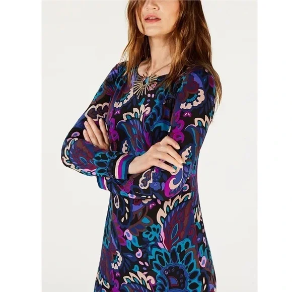 Trina Turk Camellia Shift Dress 60s Retro Paisley Kaleidoscope Long Sleeve 4
